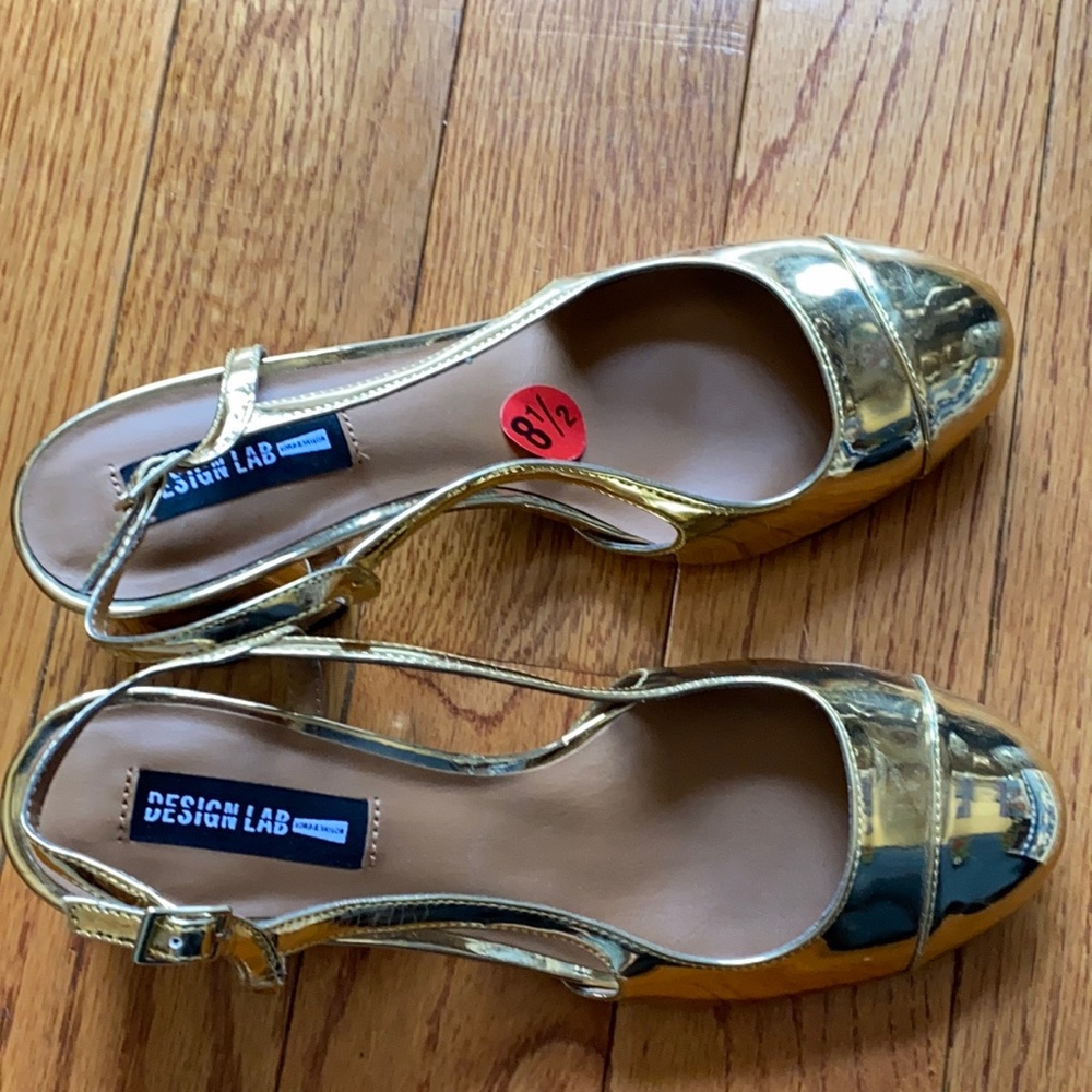 Gold block heel sling backs, brand new never worn